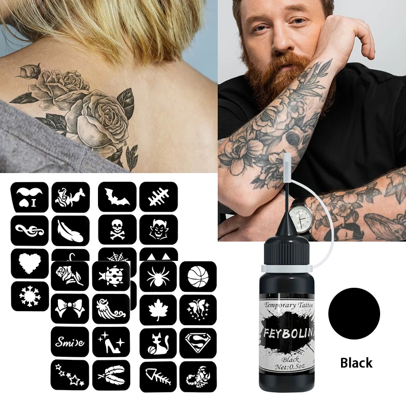 Gel per tatuaggi temporanei nero con set di modelli. Crema per pittura body art Pasta per tatuaggi all'henné Crema Pasta di succo per tatuaggi body art