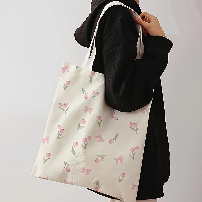 Tulip printed casual handbag, reusable fashionable backpack, multifunctional handbag, canvas shopping bag