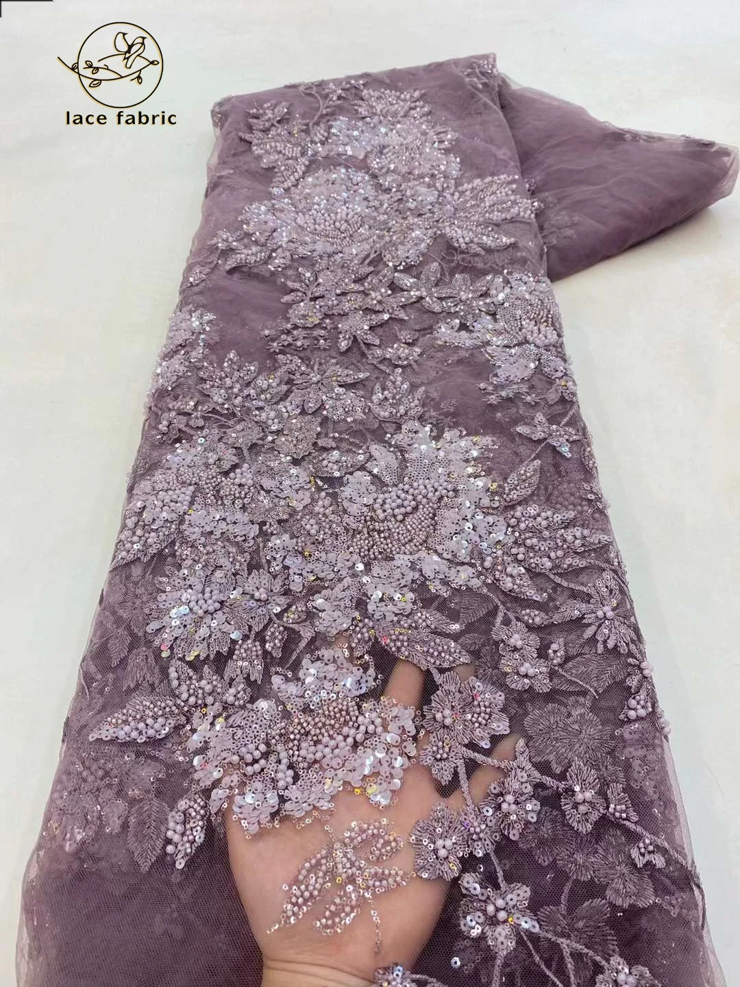 2023 Latest Nigerian Sequins Lace Fabric Heavy Hand Beaded Lace Fabric Luxury French Embroidery Beads Lace Fabric For Wedding
