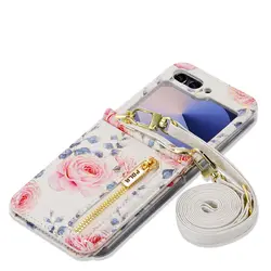 Floral Zipper Crossbody Wallet with Card Slots and Leather Lanyard Strap for Galaxy Z Flip 7 (White)