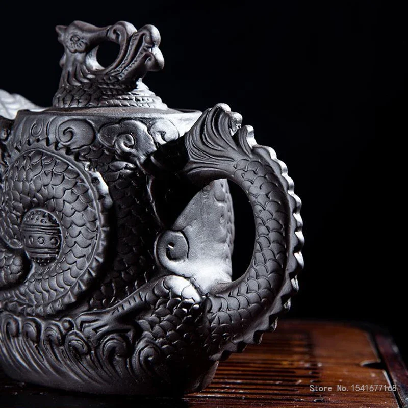 Chinese Kongfu Relief Dragon Pattern Teapot, Home Office Living Room Supplies, Purple Clay, Retro Vermilion Clay Tea Pots, 450ml