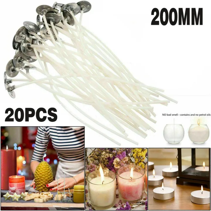 20 Pcs 200mm Long Pre Waxed Candle Core For Candle Making With Metal Sustainer`S Smokeless Wicks Beeswax Wicks