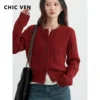 CHIC VEN Women Cardigan Casual Red  Round Neck Twisted Raccoon Hair Female Knitted Sweaters Ladies Jumpers Spring Autumn 2024 1