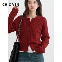 CHIC VEN Women Cardigan Casual Red  Round Neck Twisted Raccoon Hair Female Knitted Sweaters Ladies Jumpers Spring Autumn 2024 1