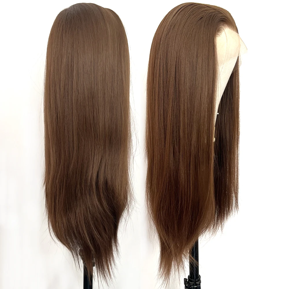 Voguequeen Medium Auburn Brown Synthetic Lace Front Long Straight Smooth Heat Resistant Fiber Cosplay Wig For Costume Party
