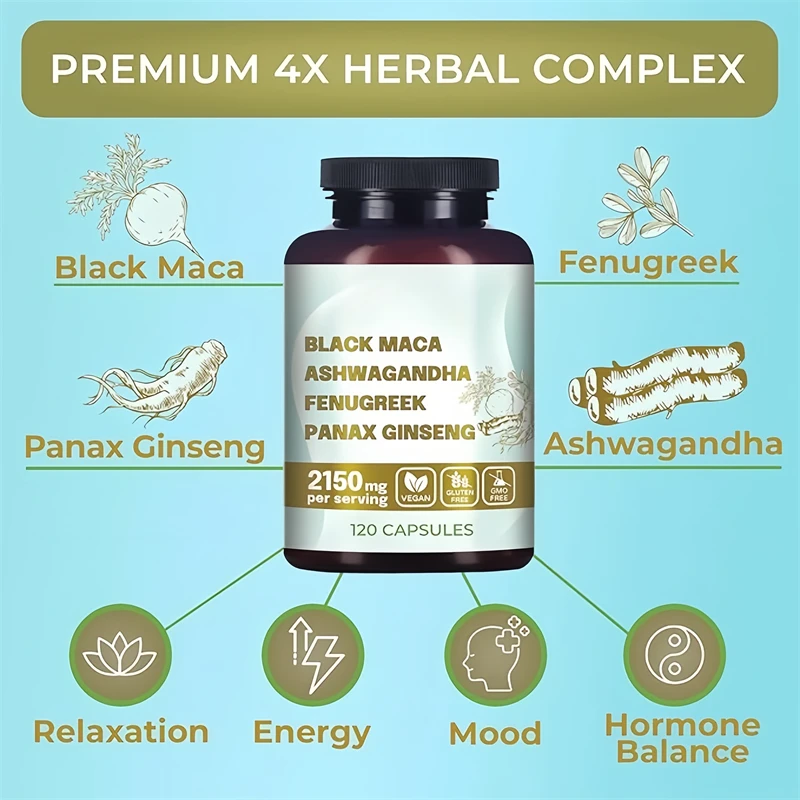 Male Enhancing Supplement Original Black Maca Root Ashwagandha Panax Ginseng Fenugreek Capsules 4 In 1 Organic