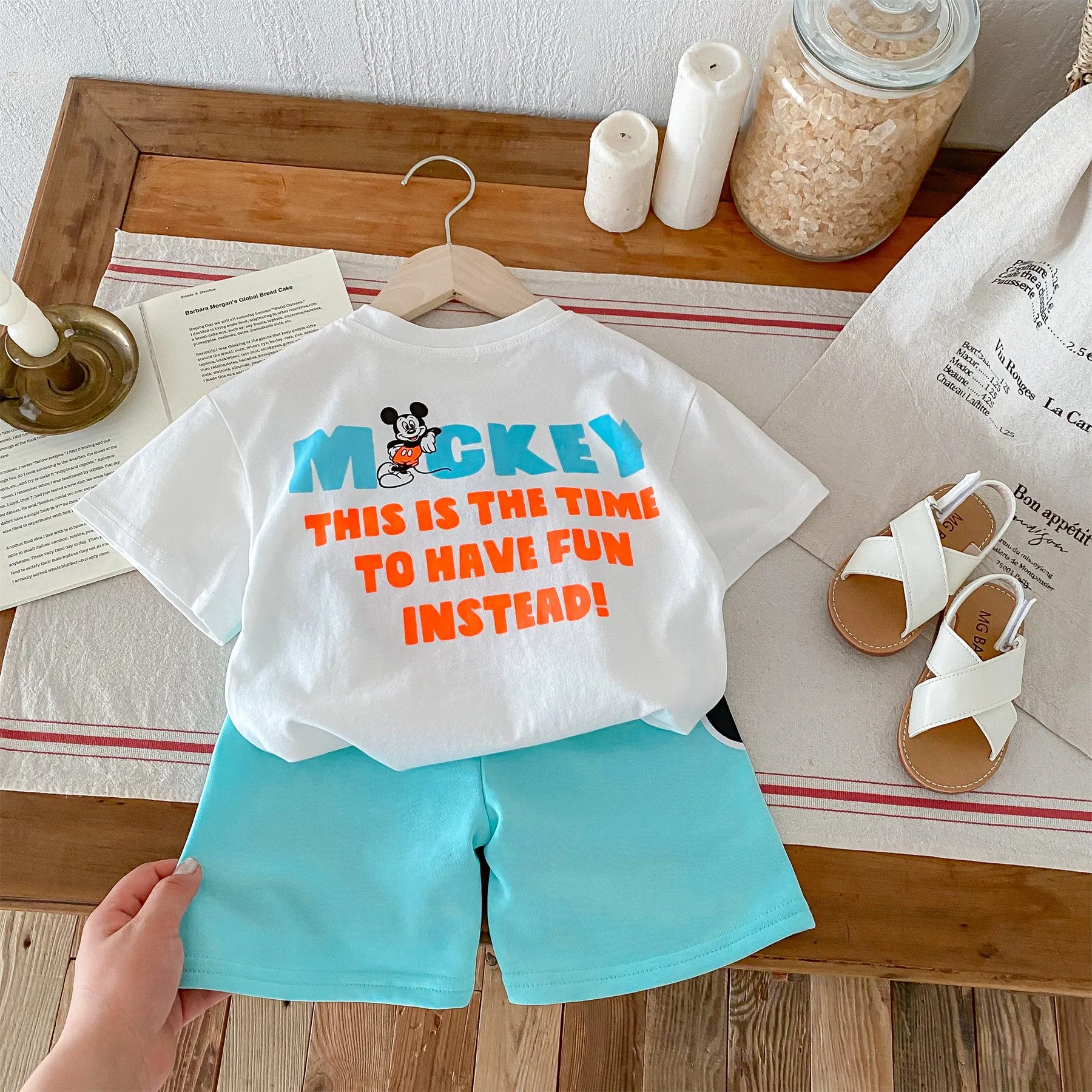 Mickey Mouse Cartoon T-shirt Outfits Summer Boys Clothes Tracksuit Popular Design Children's Wear Set Short Sleeve Tees + Shorts 2