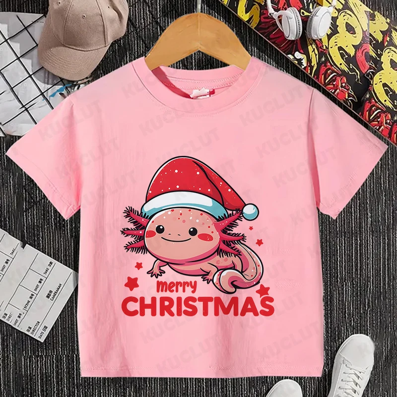 Cute Axolotl Drink Boba Tea Funny Kids T Shirt Girls Summer Tops Boys Clothes Cartoon Kawaii Tops Children Short Sleeve T-shirt 3