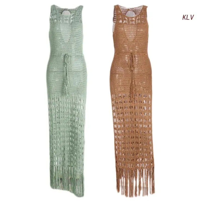 Womens Swimsuit Sunscreen Cover-Ups Tassel Long Sleeve Beachwear Dress Hollow Out Beachwear Shawl Vacation Bikinis Cover 2