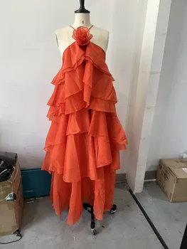 Elelgant 3d Floral Maxi Dress Loose Pleated Hem Halter Robes Sleeveless Ruffles Edge Party Vestidos Lady Summer Gown Clothes 1