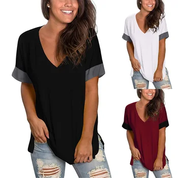 2024 Europe and the United States spring and summer cross-border new women's base shirt solid color V-neck short-sleeve stitchin 1