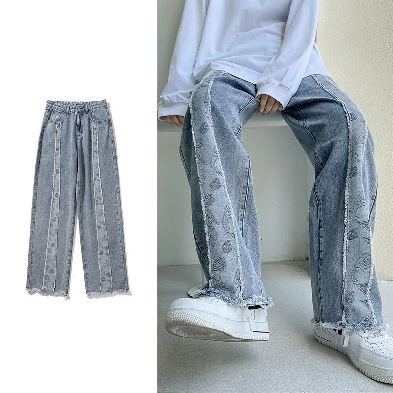 New Brand Men Pants denim jeans High Street Fashion Bandana Pattern Casual Unisex Loose Style Straight Leg Wide Long Trousers stretch jeans