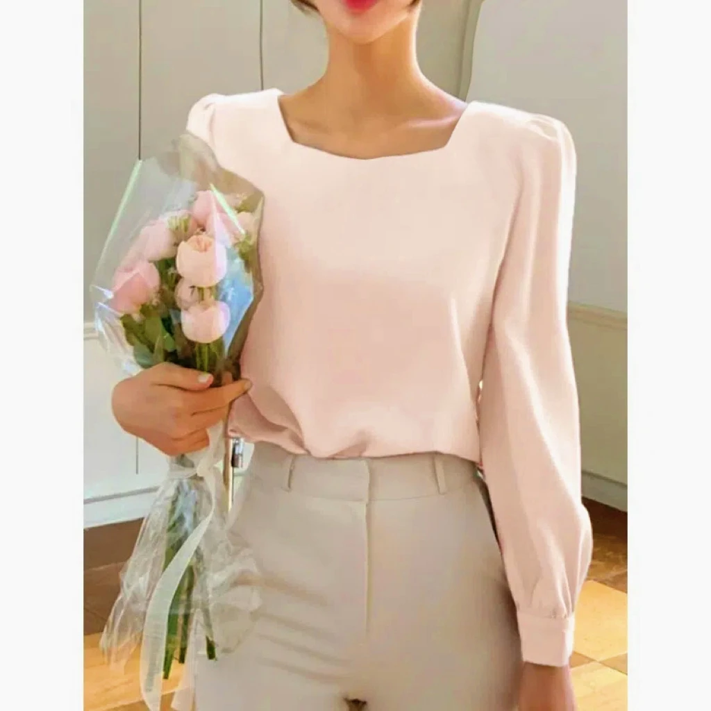 Elegant Square Collar Blouse for Women, Casual Loose Tops, Puff Sleeve, Simple Shirts, Spring and Autumn Fashion, 2024 New 8276