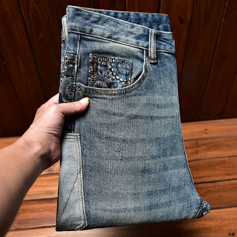 Vintage Jeans Men's Slim Fit Skinny Pants Ripped Print Contrast Color Elastic Trend Design Street Cool Men's Pants Long