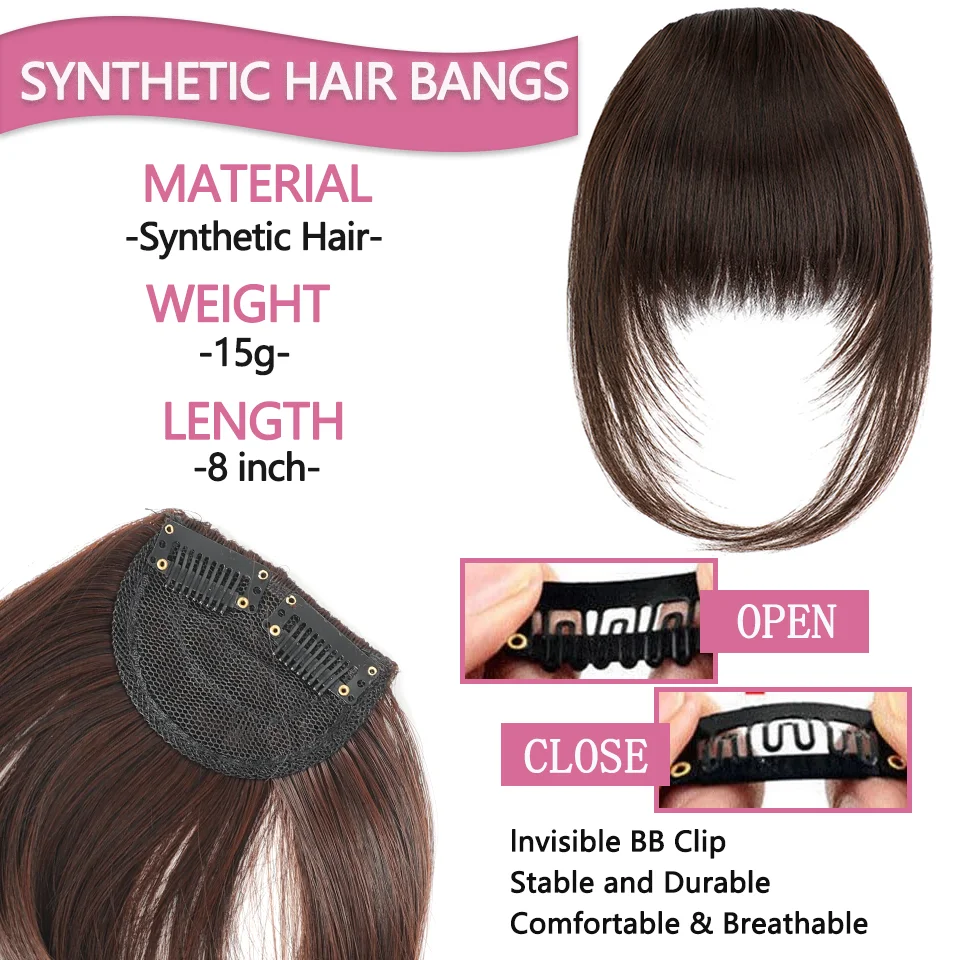 Clip in Bangs Synthetic Hair Wispy Bangs Hair Clip Fake Bang Fringe with Temples Hairpieces for Women Daily Wear