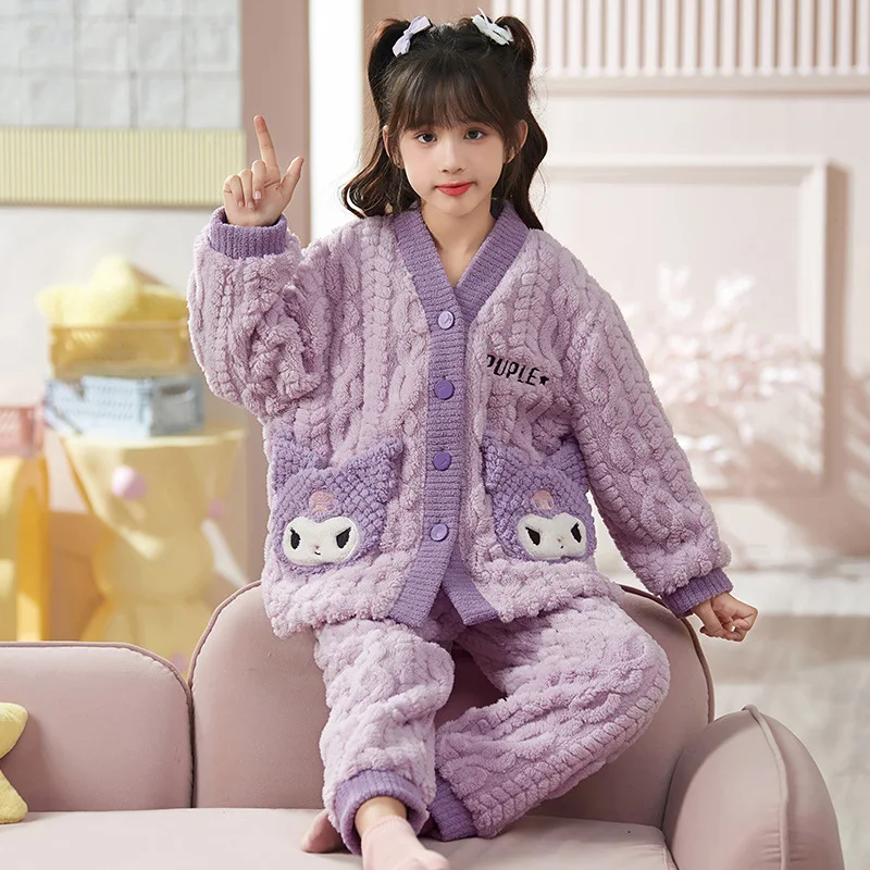 

Kawaii Sanrio Pajamas My Melody Kuromi Cartoon Cute Children Autumn Winter Styles Coral Velvet V-Neck Home Clothing Girls Gifts