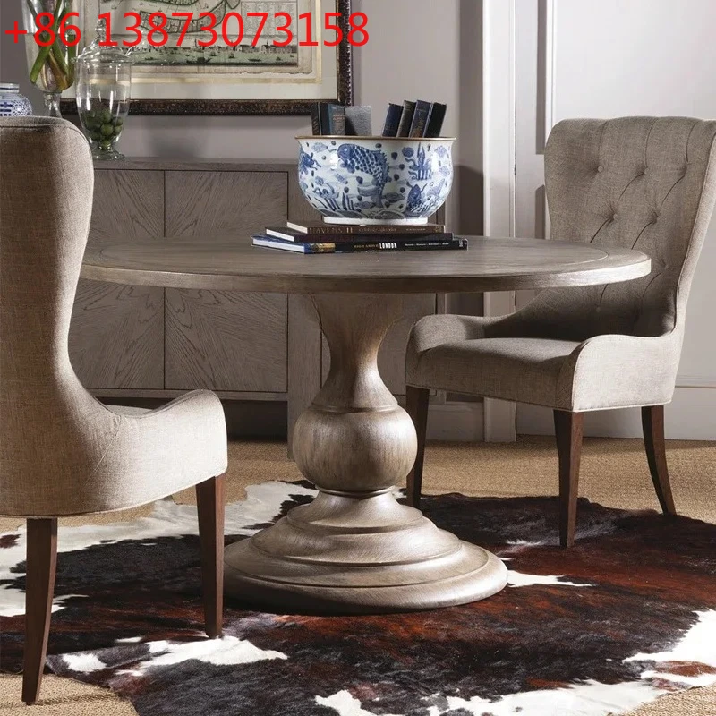 American country all solid wood round dining table and chair combination retro oak dining table and chair furniture9344