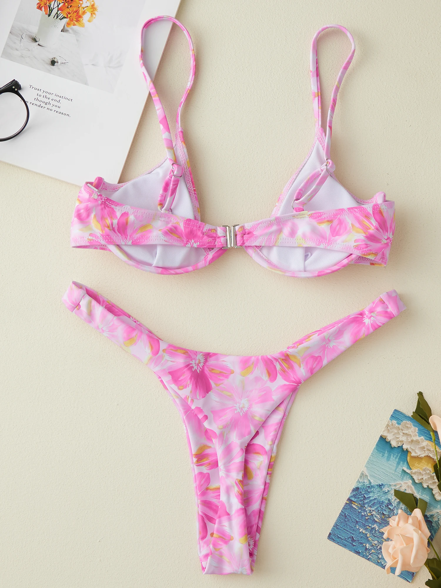 Women s Pink Floral Print Sleeveless Two Piece Bathing Suit with Low Waist Thong Bottoms - Stylish Swimwear for Summer Beach