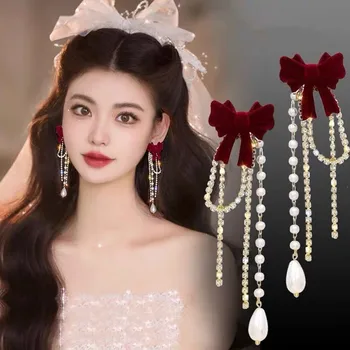 925 Silver Needle Wine Red Flocking Bow Pearl Tassel Earrings For Women Jewelry 2025 Trending Luxury Long Bridal Dress Earrings