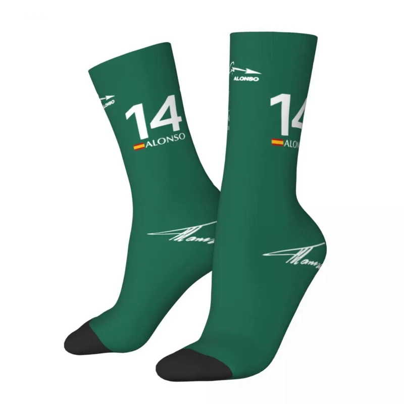 

Повседневные 2023 командные футбольные носки Aston Martin F1, Командные носки Фернандо Алонсо 14 из полиэстера, нескользящие носки для женщин и мужчин