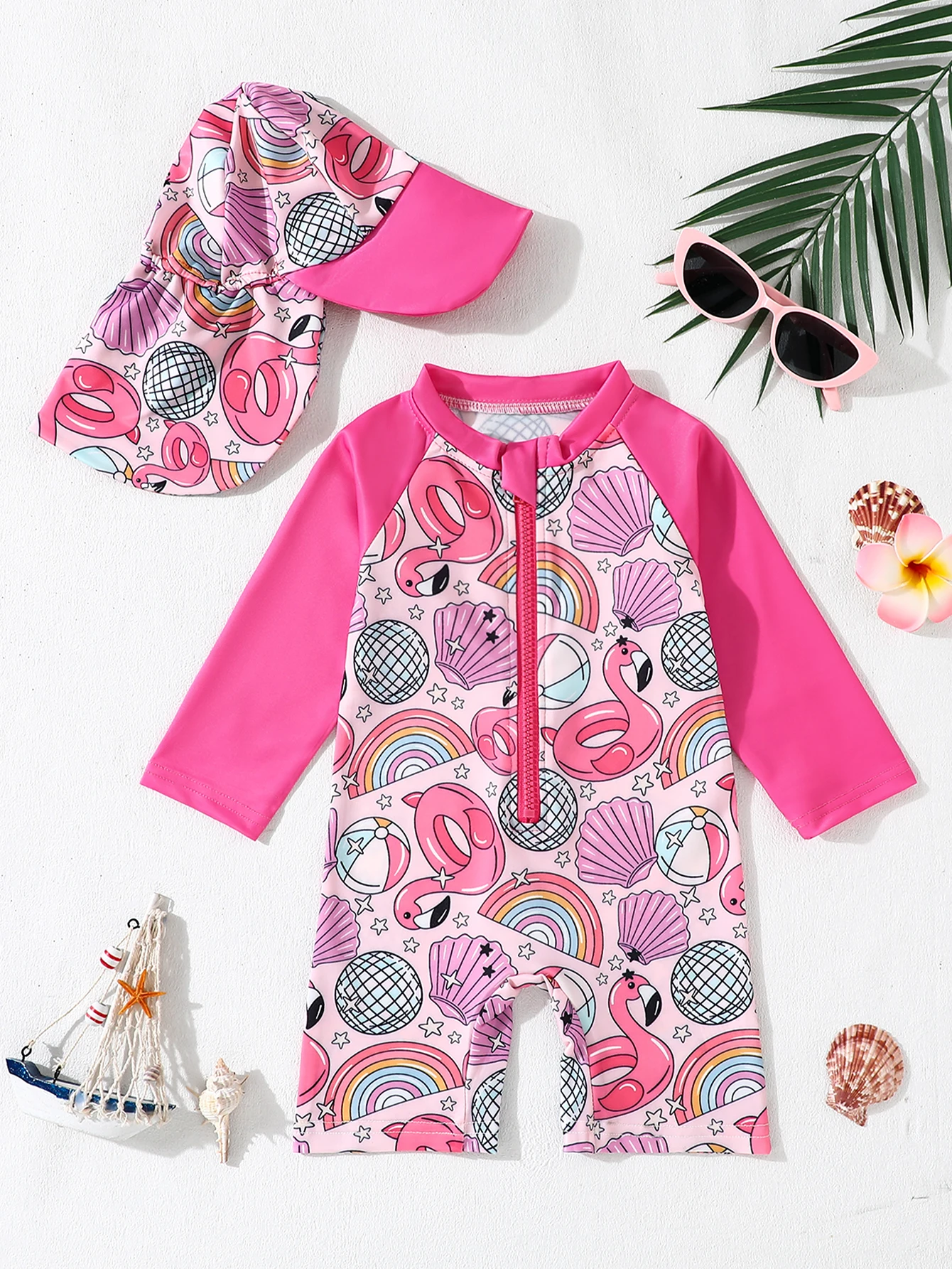Baby Boys And Girls Cartoon Shell Full Printed Long Sleeved One-Piece Swimsuit + Swim Cap