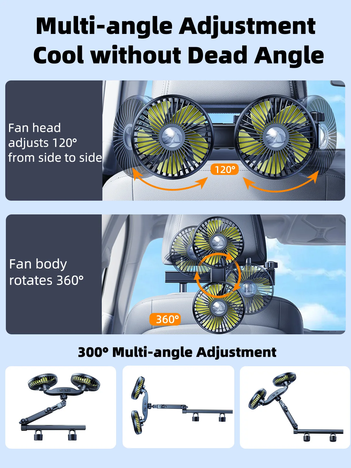 Eary Car Dual-Head Fan Mount For Backseat Rear Seat Headrest USB Charge Long Arm Adjustable 3-Speed Wind Air Cooling Fan For Kid 2