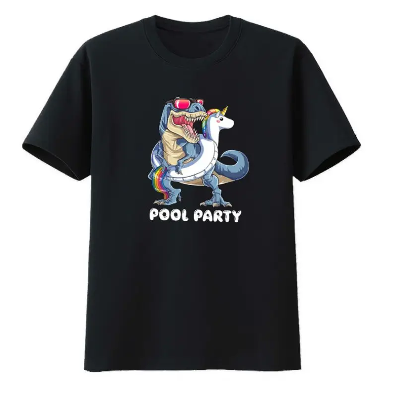

Pool Party Dinosaur Cotton T-shirts Cartoon Fashion Dinosaur Style Men's Shirt Mens Clothes Print Summer Short-sleev O-neck Tees