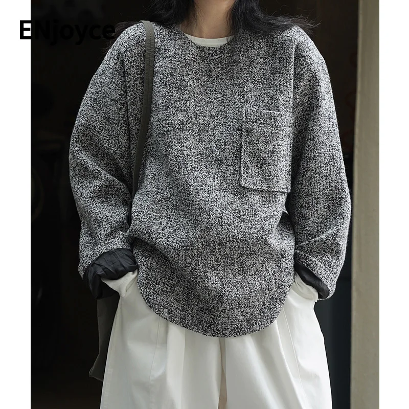 

Women Luxury Brand Vintage Mixed Color Tweed Wool Pullover Jacket Office Lady Daily Loose Coat Chic Long Sleeve Clothes Fall
