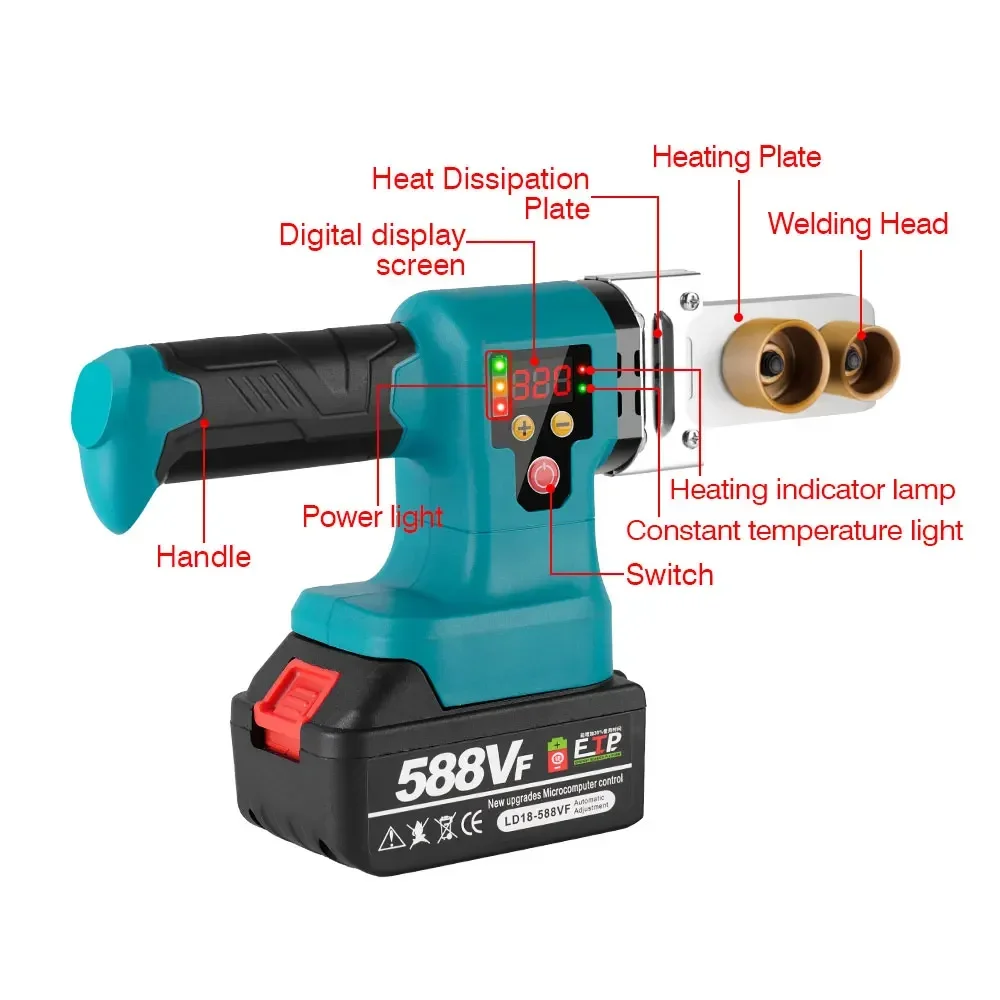 1400W Pipe Welding Machine Rechargeable PPR/PB/PE Pipe Soldering Iron Plastic Welding Digital Display For Makita 18v Battery 3
