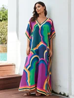Plus Size Women's Loose Fit Moroccan Print V-Neck Batwing Kaftan Beach Dress Bathing Suit Cover Up - Image 2