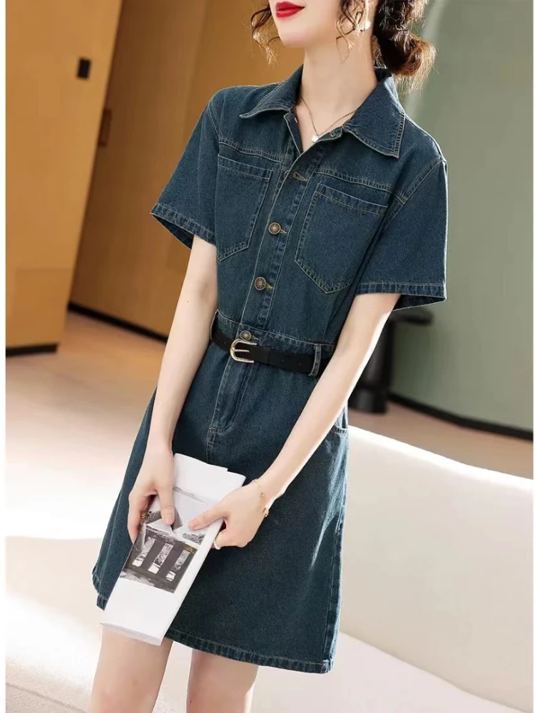 

FMFSSOM New Casual Spring Summer Solid Slim Button Short Lady Dress A Line Turndown Collar Pullover Mid-Calf Women Dresses