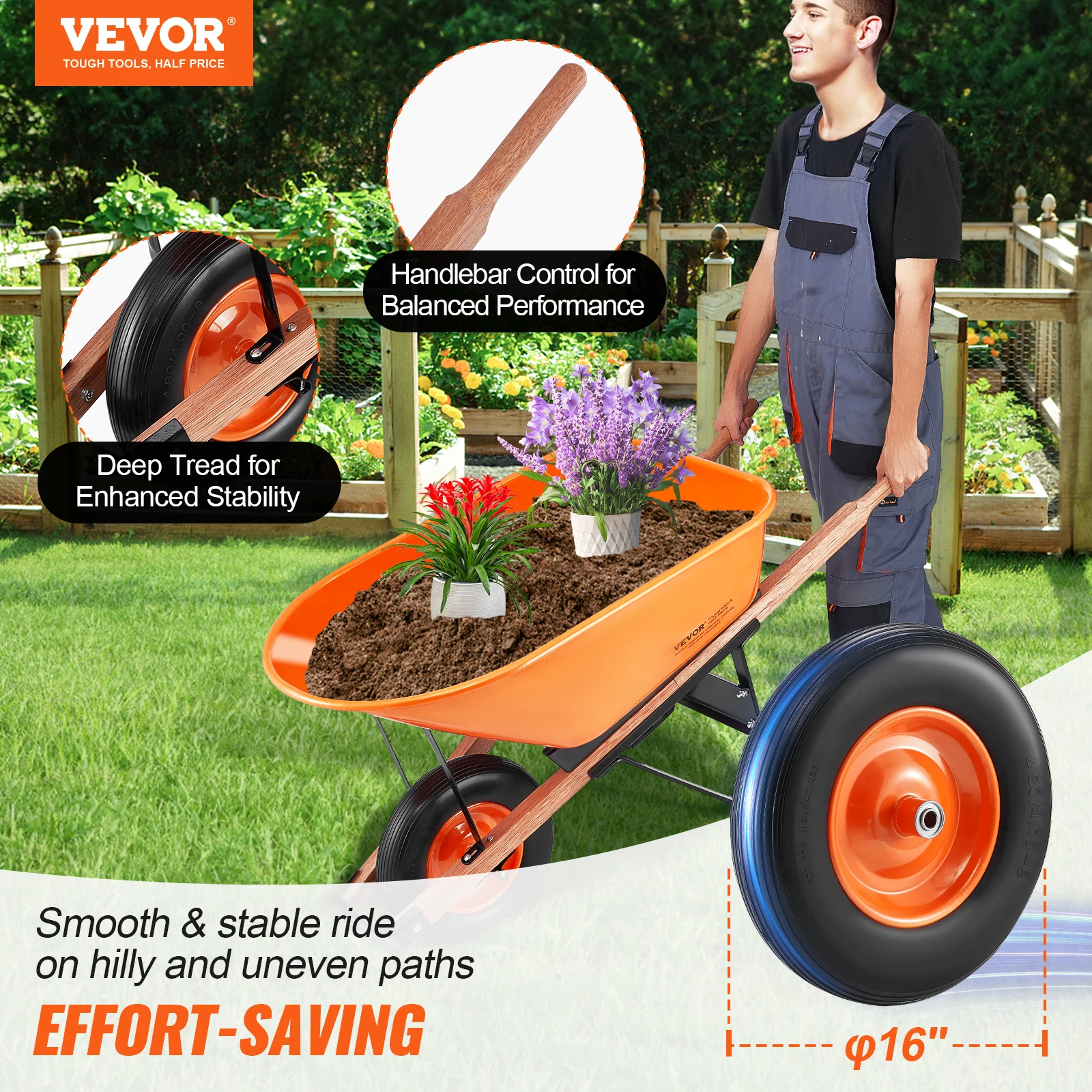 VEVOR Wheelbarrow Cart 330 lbs Capacity One Wheel Garden Dump Cart Wheel Barrow with Handle & 16" Wide Track Wheels for Farm