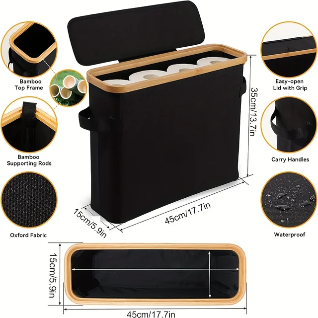 Porte-papier hygiénique en bambou avec couvercle - Organisateur de salle de bain autonome avec poignée, boîte de rangement de mouchoirs fermée 4