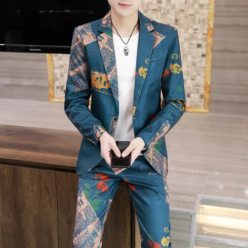 Men's Slim Fit Business Casual Two-Piece Set Autumn Korean Fashion Print Wedding Suit with Trousers Trendy