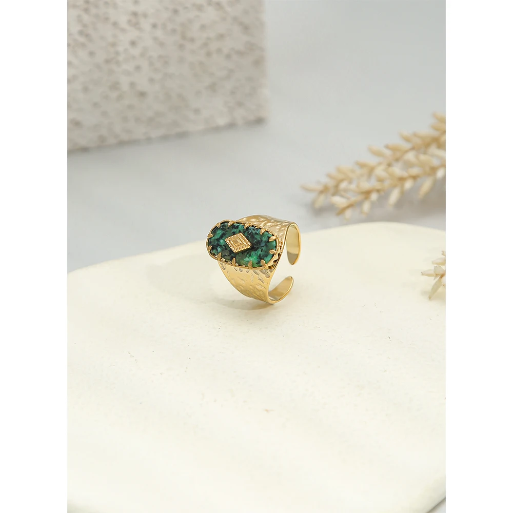 Stainless Steel Wide Rings For Women 18 K Gold Plated Tap Metal Texture Natural Stone Wide Ring Trendy Jewelry Gift womens ring finger rings jewelry rings ring jewelry