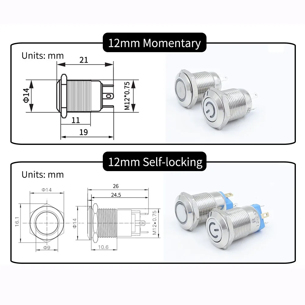 Metal Push Button Switch 12mm 16mm 19mm 22mm Flat Head 1NO1NC Start Stop LED Light Red Orange Blue Green White 3v 12v 24v 110v