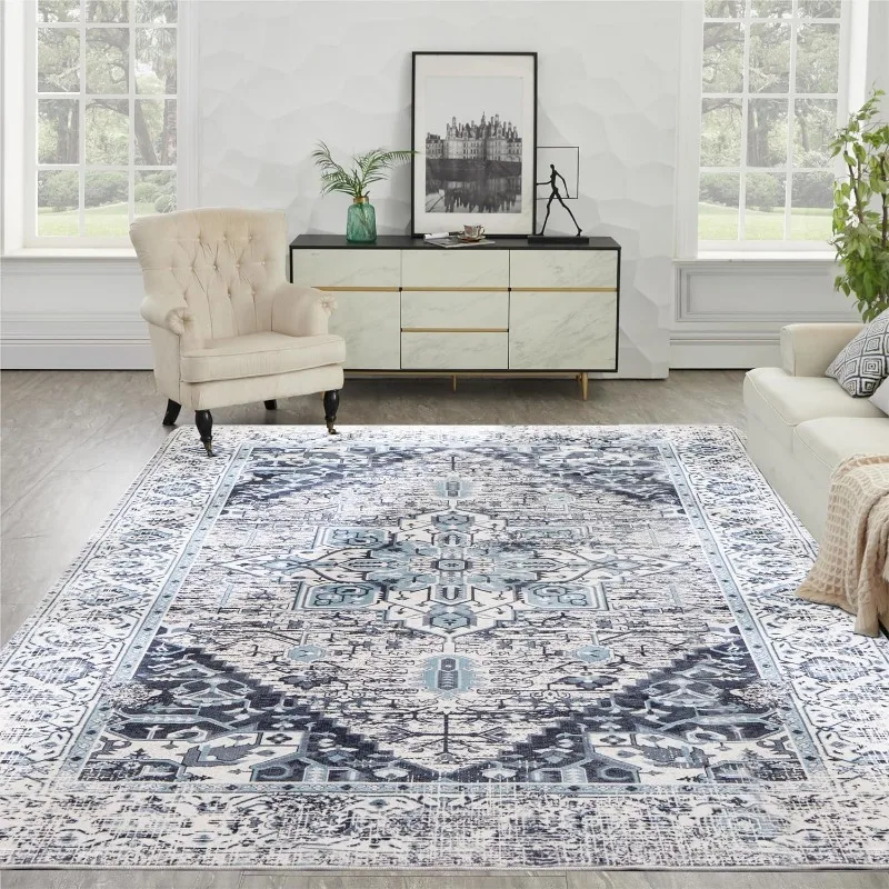 Washable Rug Vintage Area Rugs, 5'x 7' Living Room Rug with Non Slip Backing, Distressed Indoor Carpet