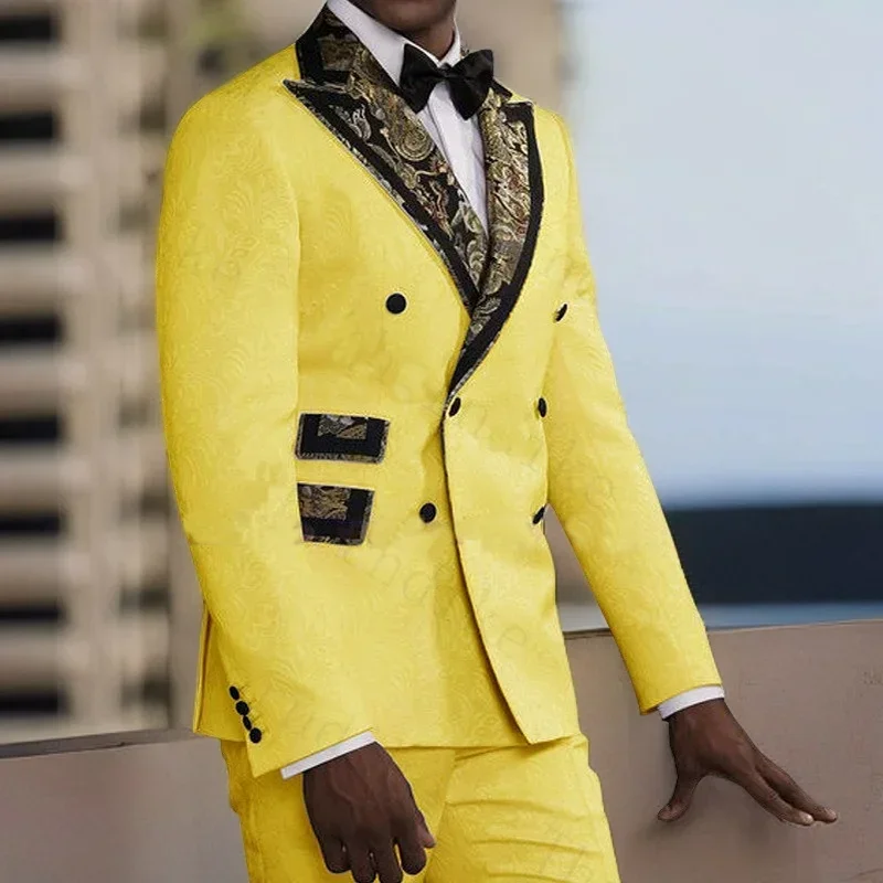 Men Yellow Floral Suits Double Breasted Slim Fit Wedding Business Tuxedo Groomsman (Jacket+Pants)