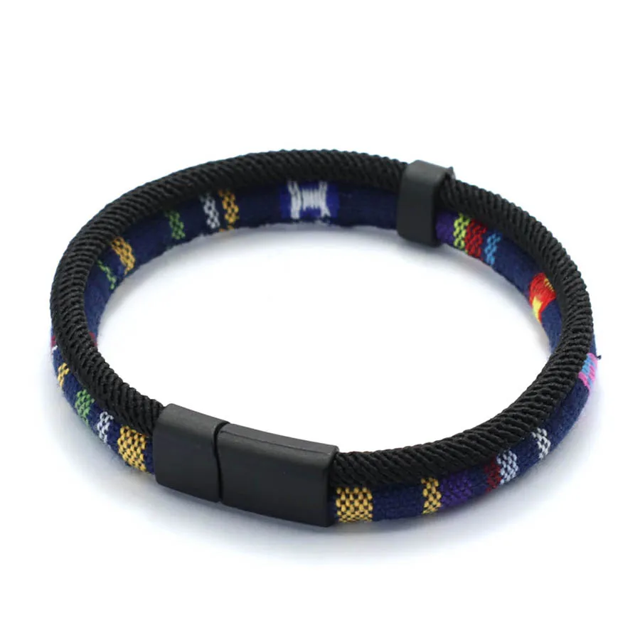 Ethnic Fabric Bilayer Bracelet For Men With Magnet Buckle