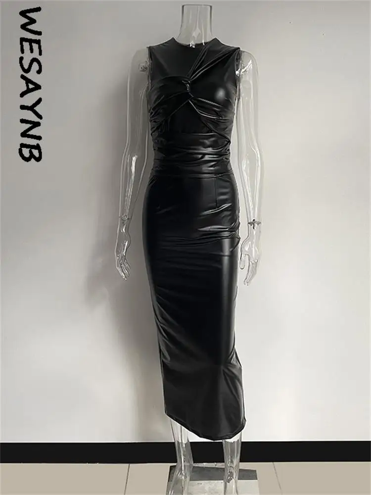 WESAYNB Faux Pu Leather Clothes Sexy Party Dresses For Women 2022 Ruched  Dress Women Sleeveless Black Brown Maxi Evening Dress - AliExpress 200000345