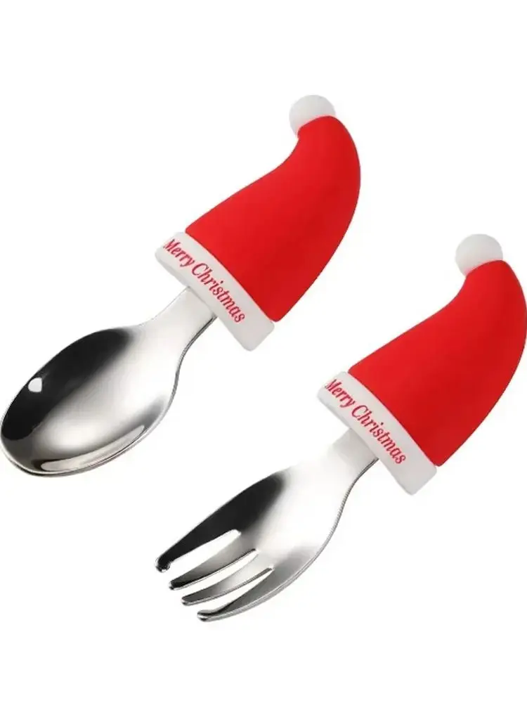 304 Christmas Gift Children's Stainless Steel Tableware Set Children's Silicone Handle Christmas Hat Short Handle Fork Spoon Bab