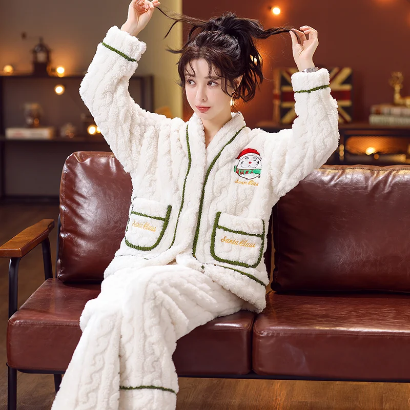 Sleepwear Women Autumn Winter Warm Pajama Sets Flannele Big Size Kawaii Clothing V-neck Thick Nightwear Korean Chic Homewear