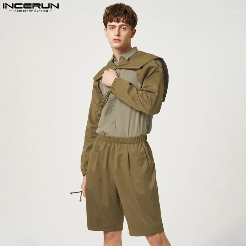 

Fashion Casual Sets INCERUN Handsome Men's Short-cut Cuffs Drawcord Lapel Long-sleeved Tops Five-piece Pants Suit 2 Pieces S-5XL