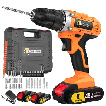 CONENTOOL 48V Cordless Drill Combi Driver Electric Screwdriver Impact Screw Driver Set with Rechargeable Battery in Case 45NM