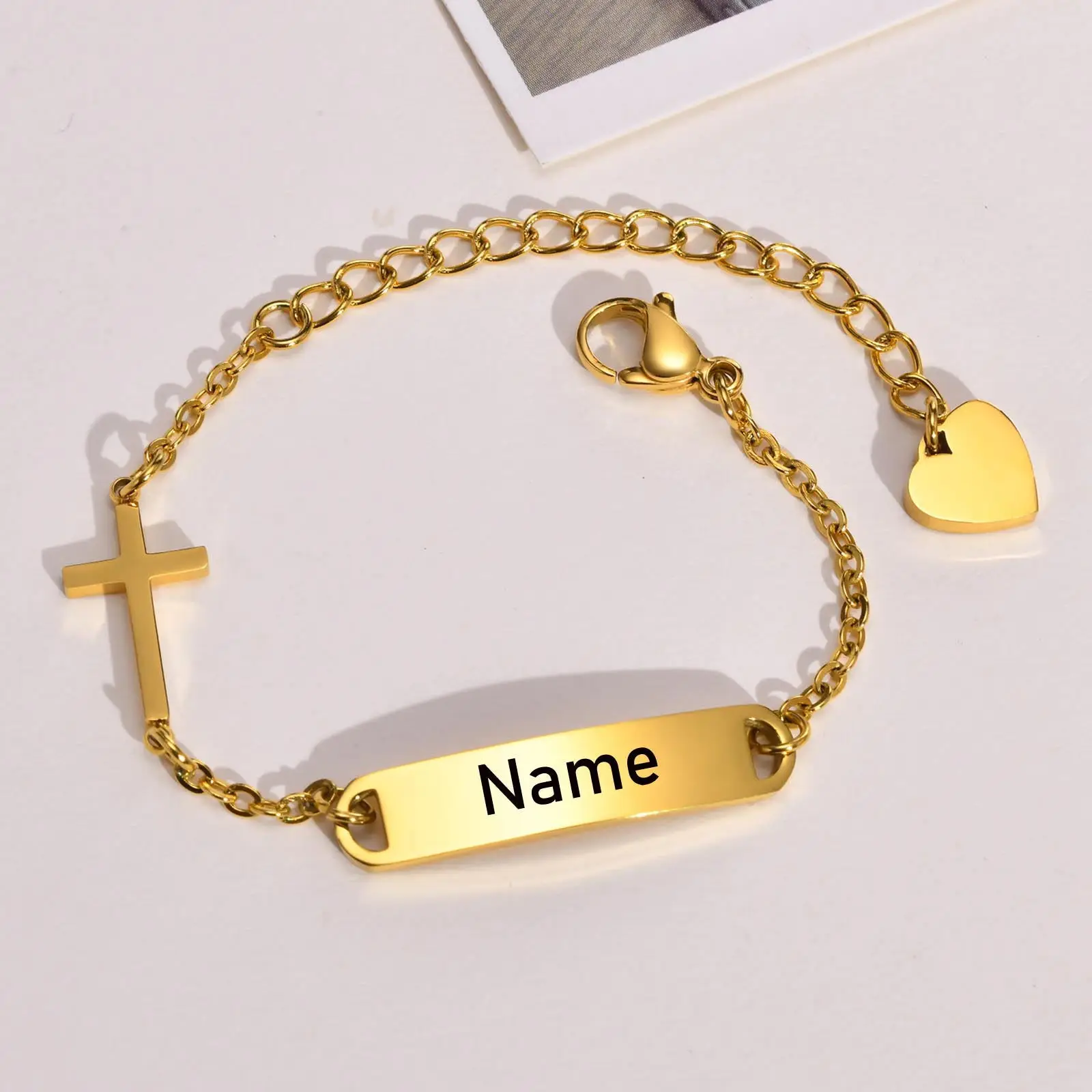 Personalized Stainless Steel ID Cross Bracelet for Girl Boy Gold