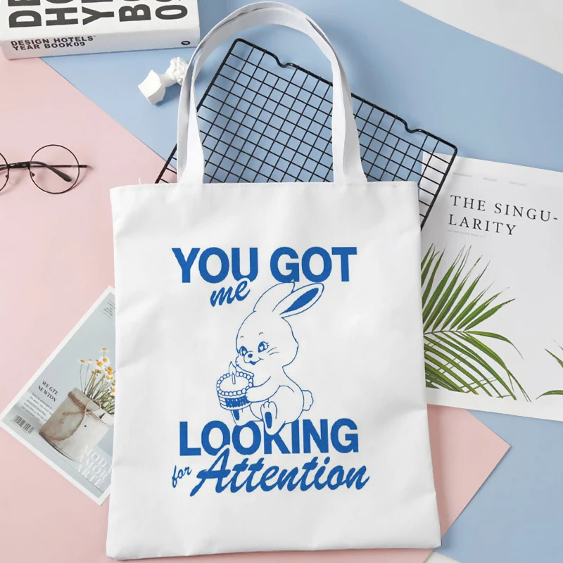 

Bunnies Artwork Print Line Tote Bag Warm Color Cotton Cloth Shoulder Shopper Bags For Women Eco Foldable Reusable Shopping Bag