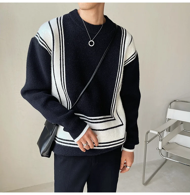 pulôver com gola O, suéter coreano, contraste