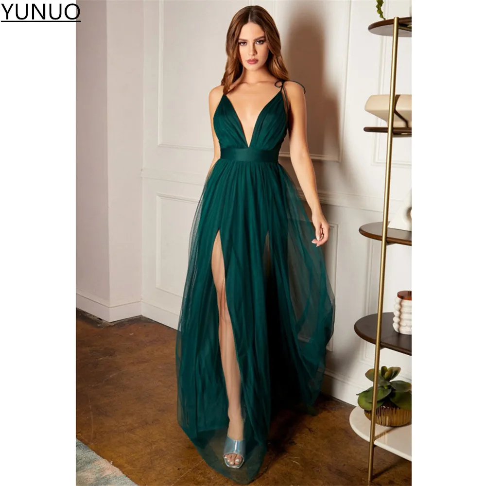 long sleeve prom & dance dresses YUNUO Emerald A-line Tulle Prom Bridesmaid Dresses Spaghetti Straps Double Slits Evening Party Gowns for Wedding Floor Length prom & dance dresses Prom Dresses