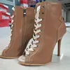 Fashion Summer Genuine leather Jazz Dance Shoes Sexy High Heels Peep Toe Ankle Boots For Women new brown Sandals Female
