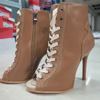 Fashion Summer Genuine leather Jazz Dance Shoes Sexy High Heels Peep Toe Ankle Boots For Women new brown Sandals Female